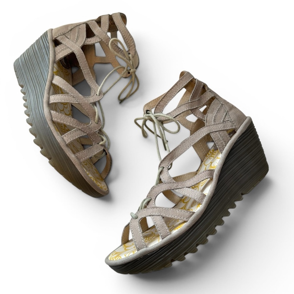 Fly London Yuke Tan Leather Strappy Lace Up Wedge Sandal Women's 37 US 6.5.-7